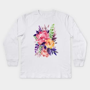 Watercolor Flowers 10, Red Bouquet Illustration Kids Long Sleeve T-Shirt